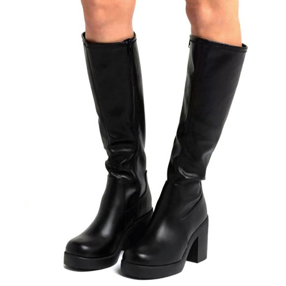Round Toe Chunky Heel Lace up Platform Knee Boots